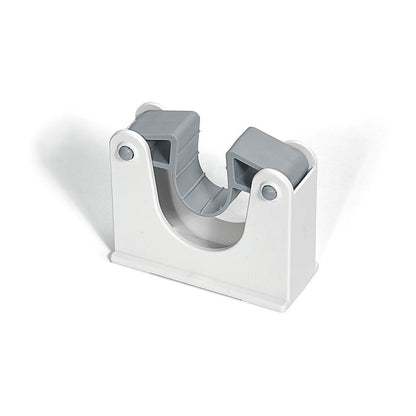 Držiak Nölle Profi Brush HACCP pre zariadenia od Nölle Profi Brush Bürsten- & Pinseltechnik e.K. je bielo-sivý plastový držiak s klapkovými svorkami na uchytenie rúr, ideálny pre hygienicky citlivé oblasti, zobrazený na bielom pozadí.