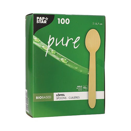 Zelená škatuľa PAPSTAR GmbH s nápisom "Holzlöffel pure" obsahuje 100 ekologických, stabilných drevených lyžíc (15,7 cm) v skladacej škatuli a ukazuje lyžicu a list s kvapkou vody ako symbol udržateľnosti.