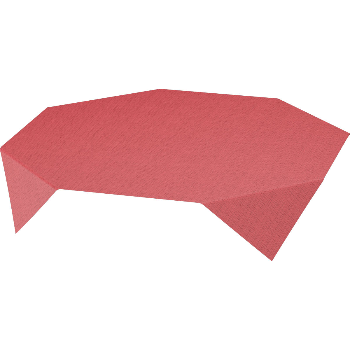 Eine Dunisilk MD Tischdecke 84x84 cm Linnea bordeaux der Duni GmbH mit einem eleganten Design in Rot deckt den Tisch; ihre unregelmäßige Form schafft scharfe Winkel und ausgeprägte Facetten an den Kanten und Ecken. Packung (20 Stück).