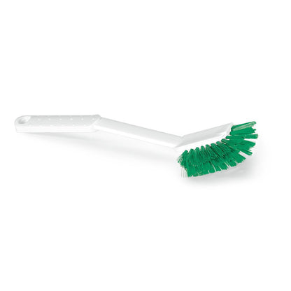 Zobrazená je Nölle Profi Brush HACCP umývacia kefa Diskette štetina 0,25 mm od Nölle Profi Brush Bürsten- & Pinseltechnik e.K. s bielou, ohnutou rukoväťou a tuhými zelenými štetinami na jednofarebnom bielom pozadí.