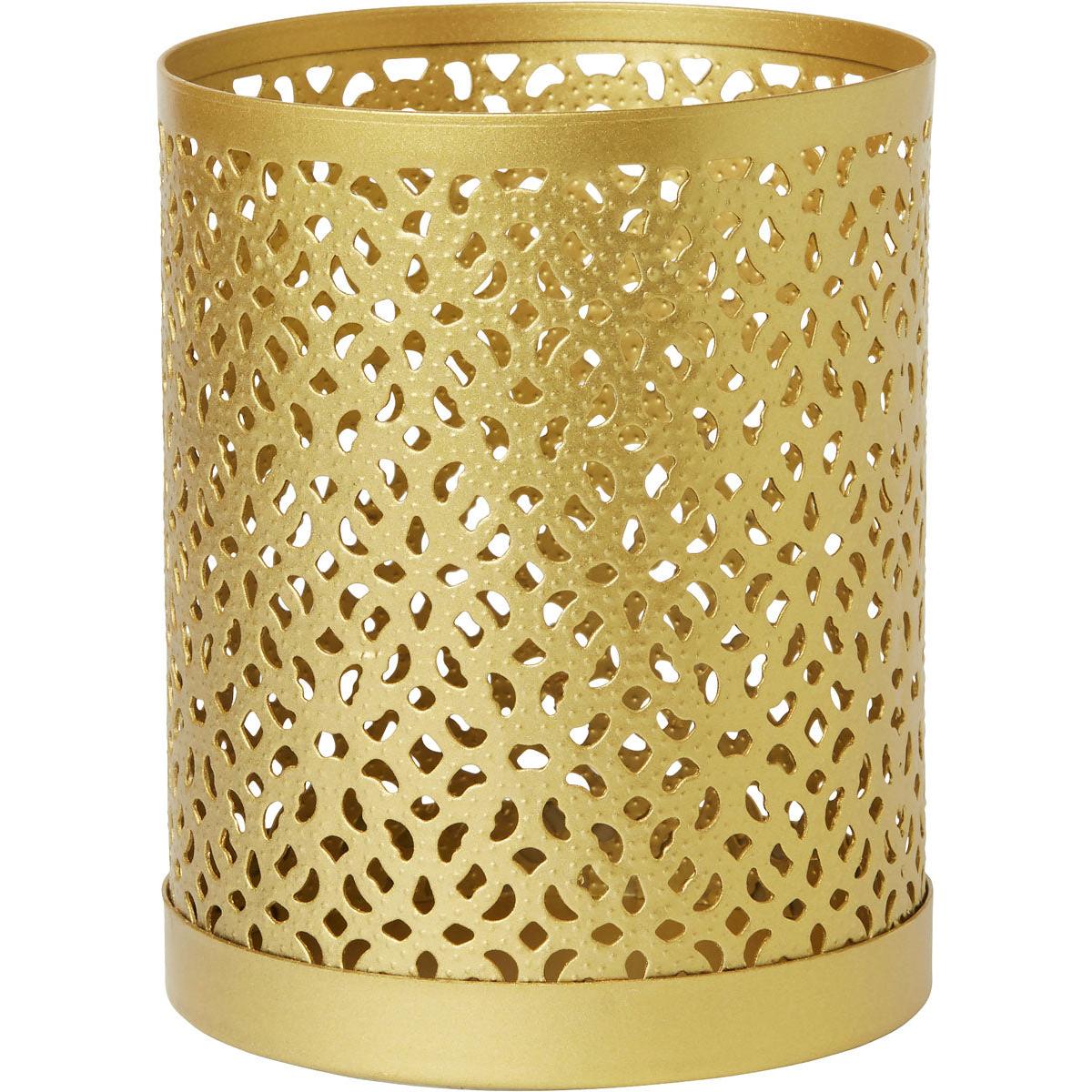 Držiak na sviečky z kovu, 100x80 mm, zlatý od Duni GmbH vyniká elegantným dizajnom a perforovaným bodovým vzorom - ideálny ako štýlová dekorácia do obývacieho priestoru. Balenie (1 kus).