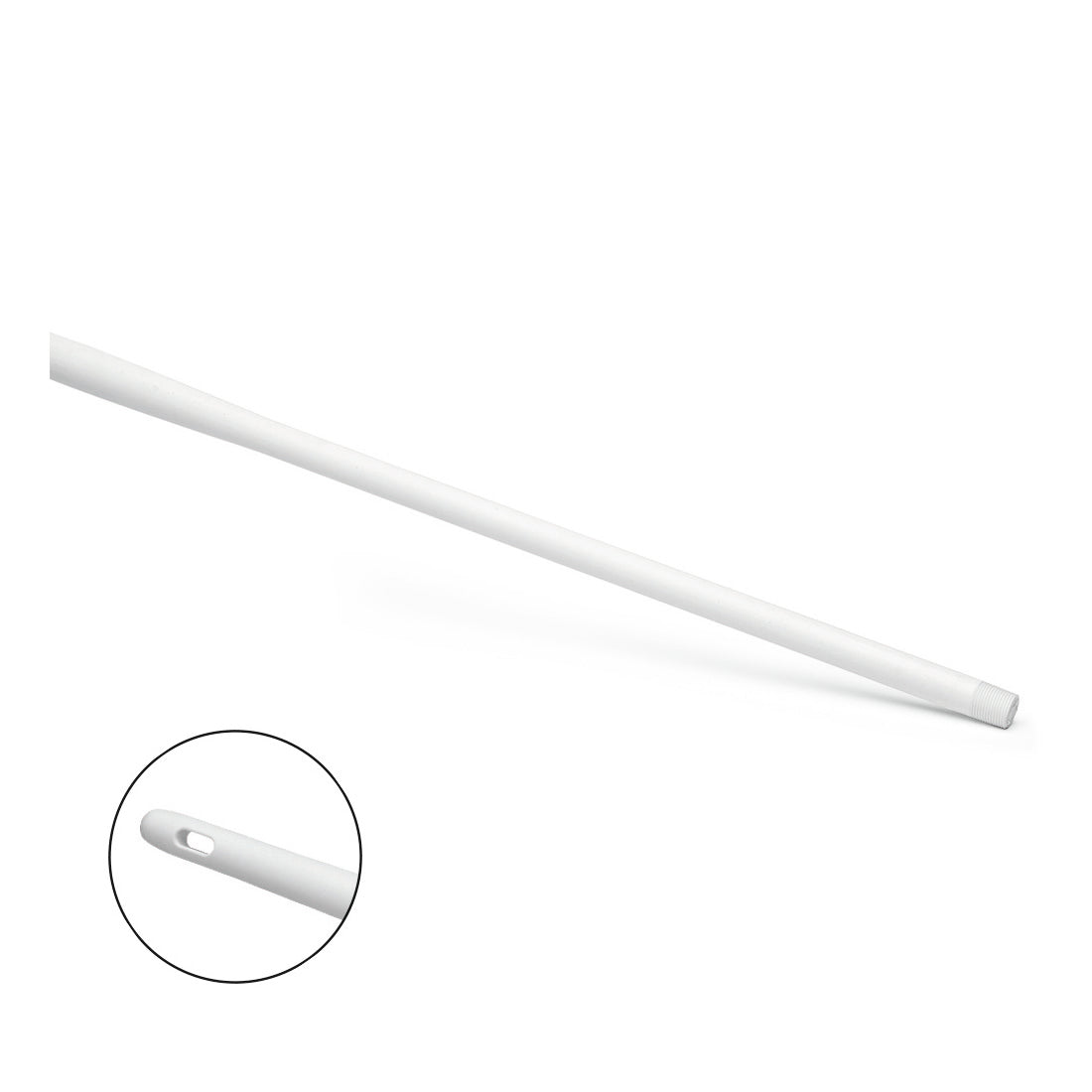 Nölle Profi Brush HACCP Ergo-rukoväť plast 145 cm od Nölle Profi Brush Bürsten- & Pinseltechnik e.K. je biela plastová rukoväť s ergonomickým dizajnom a skoseným hrotom. Detailný záber ukazuje oválny otvor na konci rukoväte pred jednoduchým bielym pozadím.