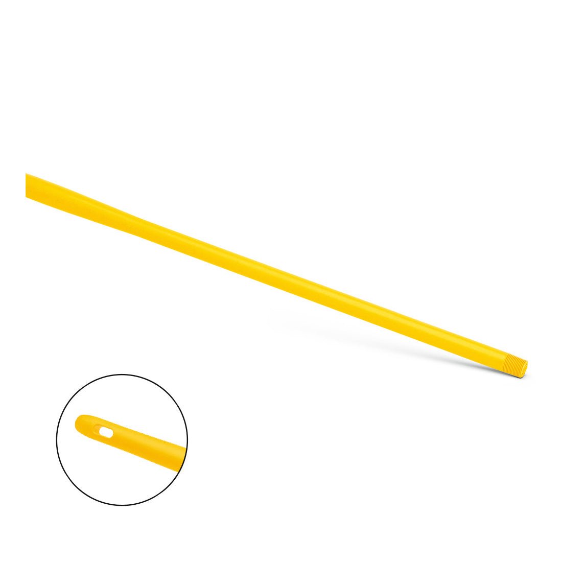 Nölle Profi Brush HACCP Ergo-tyč plastová 145 cm tyč od Nölle Profi Brush Bürsten- & Pinseltechnik e.K. je diagonálne zobrazená na bielom pozadí. Vloženie zvýrazňuje otvor na zavesenie, ideálne pre hygienické uskladnenie a pracovné prostredie.