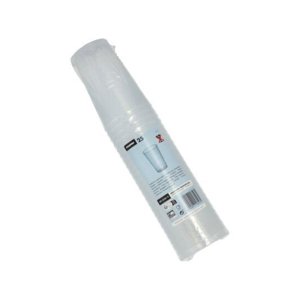 Balenie priehľadných, nerozbitných jednorazových pohárov zabalených v plastovom obale s nápisom „Starpak Mehrweg plastový pohár (PP) 0,3 l Ø 7,8 cm · 11,8 cm“ obsahuje 25 kusov. Etiketa je vybavená recyklačnými symbolmi a čiarovým kódom, poháre sú vo vnútri obalu vertikálne naskladané.