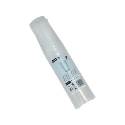 Balenie priehľadných, nerozbitných jednorazových pohárov zabalených v plastovom obale s nápisom „Starpak Mehrweg plastový pohár (PP) 0,3 l Ø 7,8 cm · 11,8 cm“ obsahuje 25 kusov. Etiketa je vybavená recyklačnými symbolmi a čiarovým kódom, poháre sú vo vnútri obalu vertikálne naskladané.