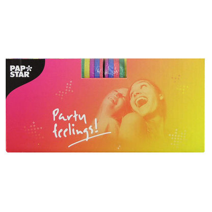 Eine rosa-gelbe rechteckige Verpackung der PAPSTAR GmbH zeigt zwei lächelnde Frauen, „Partygefühle!“ und ein Fenster mit PAPSTAR 3 Luftschlangen 4 m – hochwertige Dekoration im 3er-Pack – in leuchtenden Streifen.