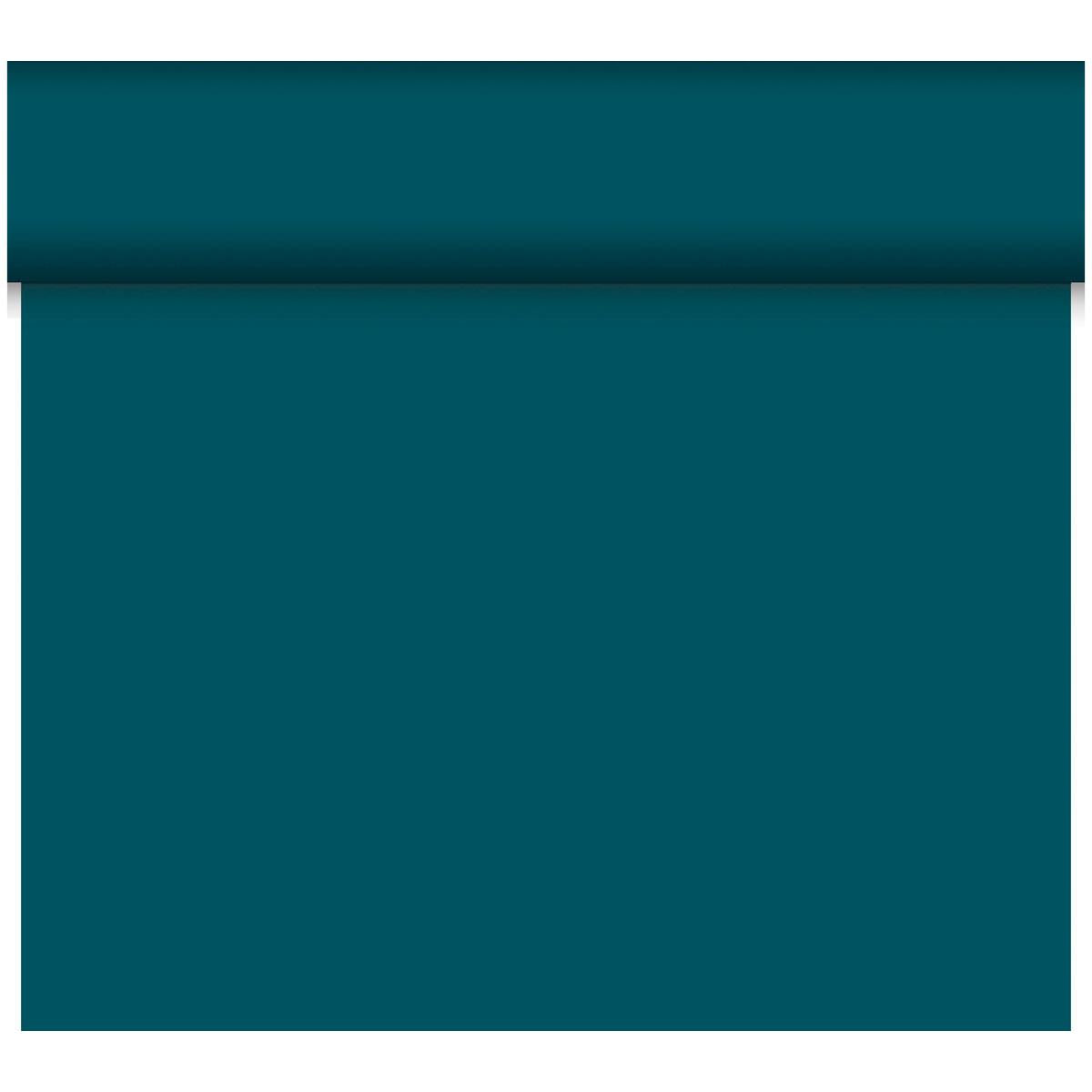 Der Dunicel-Tischläufer Tête-à-Tête 24 m x 0,4 m (20 Abschnitte) der Duni GmbH in teal ist teilweise auf weißem Untergrund ausgerollt - ideal für stilvolle Tischdekorationen oder elegante Tête-à-Tête-Situationen.
