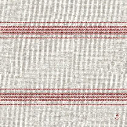 Duni GmbH Klassikservietten 40 x 40 cm majú béžový tkaný vzor, dva paralelné červené pruhy a malú červenú výšivku v pravom dolnom rohu. Vzor je jednoduchý a symetrický.