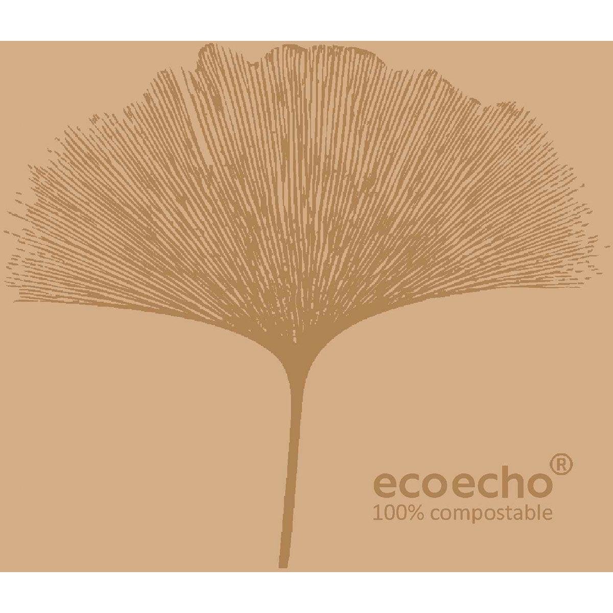 Hnedý, štylizovaný list s lúčovitými žilami sa nachádza uprostred na svetlohnedom pozadí. V pravom dolnom rohu je napísané "ecoecho® 100% kompostovateľné" - ideálne pre Dunisoft obrúsky 20 x 20 cm od Duni GmbH.