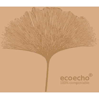 Hnedý, štylizovaný list s lúčovitými žilami sa nachádza uprostred na svetlohnedom pozadí. V pravom dolnom rohu je napísané "ecoecho® 100% kompostovateľné" - ideálne pre Dunisoft obrúsky 20 x 20 cm od Duni GmbH.