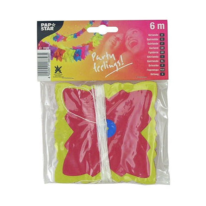 6 metrov dlhá PAPSTAR papierová girlanda (Ø 12 cm) na párty, v priehľadnom vrecku s nápisom "Party feelings!" a s farebným motívom motýľa. Značka: PAPSTAR GmbH.