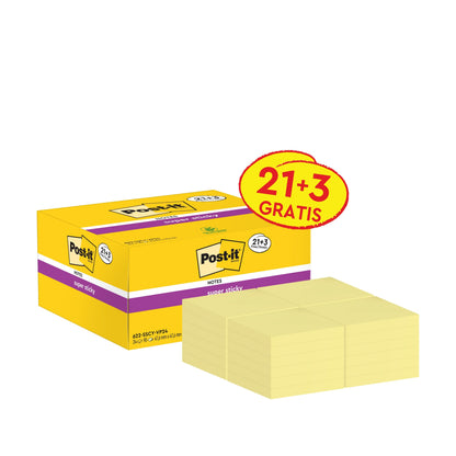 Žltá škatuľka 3M Post-it® Super Sticky Notes, Žltá (47,6 x 47,6 mm), PEFC-certifikovaná, s označením "21+3 zdarma" od 3M Deutschland GmbH; pred ňou je niekoľko stohov žltých lepiacich poznámok.