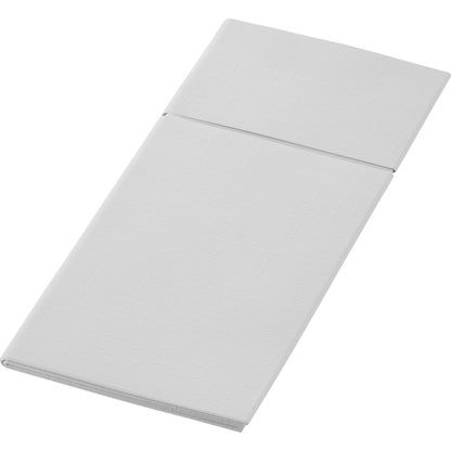 Biele, obdĺžnikové Duniletto 480 x 400 mm od Duni GmbH je zobrazené zložené na jednofarebnom pozadí. Jeho jemne štruktúrovaná látka s viditeľnými líniami z neho robí elegantný doplnok pre každý prestretý stôl.