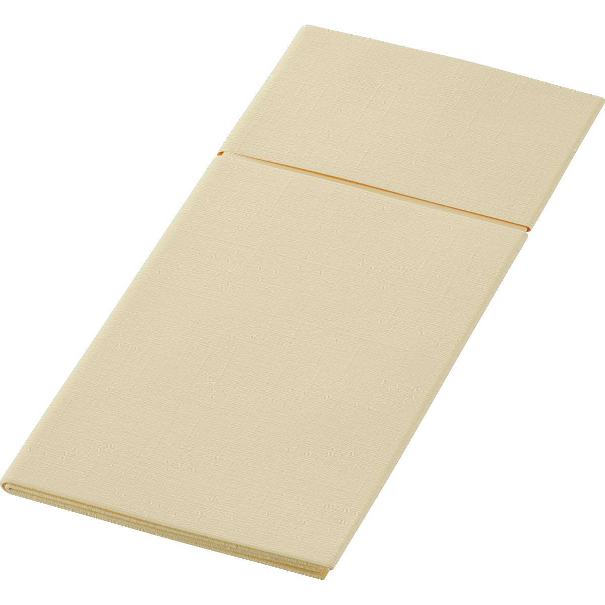 Duniletto 480 x 400 mm od Duni GmbH je zložený, obdĺžnikový, béžový podložka alebo vankúšik s prehybom, ktorý ho delí na dve časti - ideálne ako štýlový stolový doplnok alebo vrecko na príbor, tu na bielom pozadí.