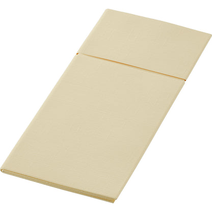 Duniletto 480 x 400 mm od Duni GmbH je zložený, obdĺžnikový, béžový podložka alebo vankúšik s prehybom, ktorý ho delí na dve časti - ideálne ako štýlový stolový doplnok alebo vrecko na príbor, tu na bielom pozadí.