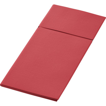 Duniletto 480 x 400 mm od Duni GmbH je obdĺžnikový, zložený červený paspart s jemným štruktúrovaným vzorom, ideálny ako elegantné vrecko na príbor a stolový doplnok pre štýlovo prestreté stoly.