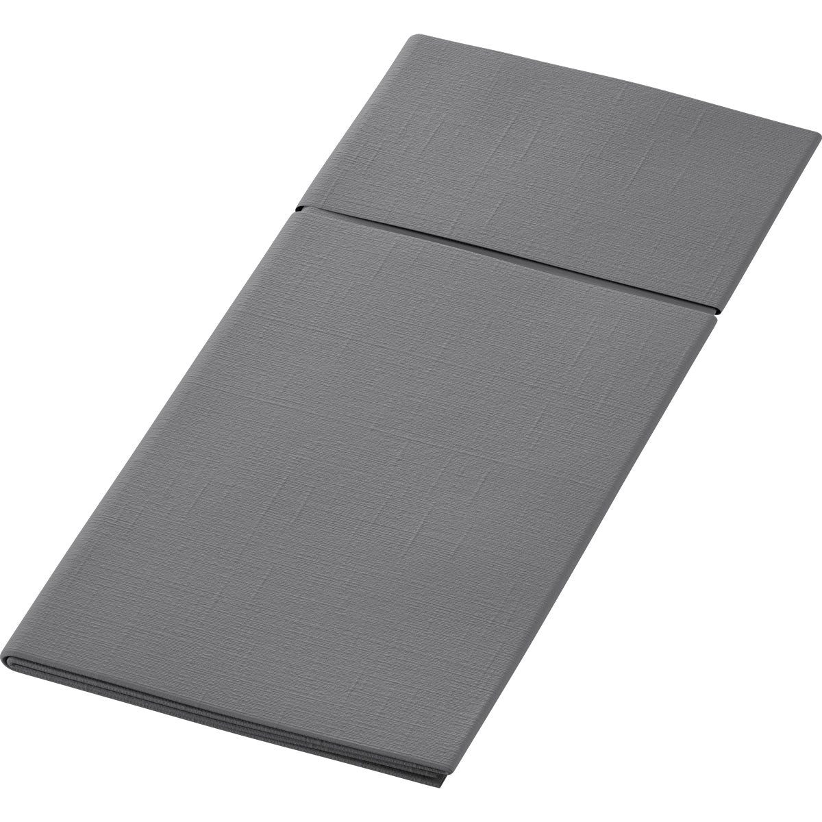 Na bielom pozadí je zobrazené zložené, obdĺžnikové, sivé Duniletto 480 x 400 mm od Duni GmbH, ktoré má jemný štruktúrovaný vzor a spája formu a eleganciu kvalitného stolového doplnku.