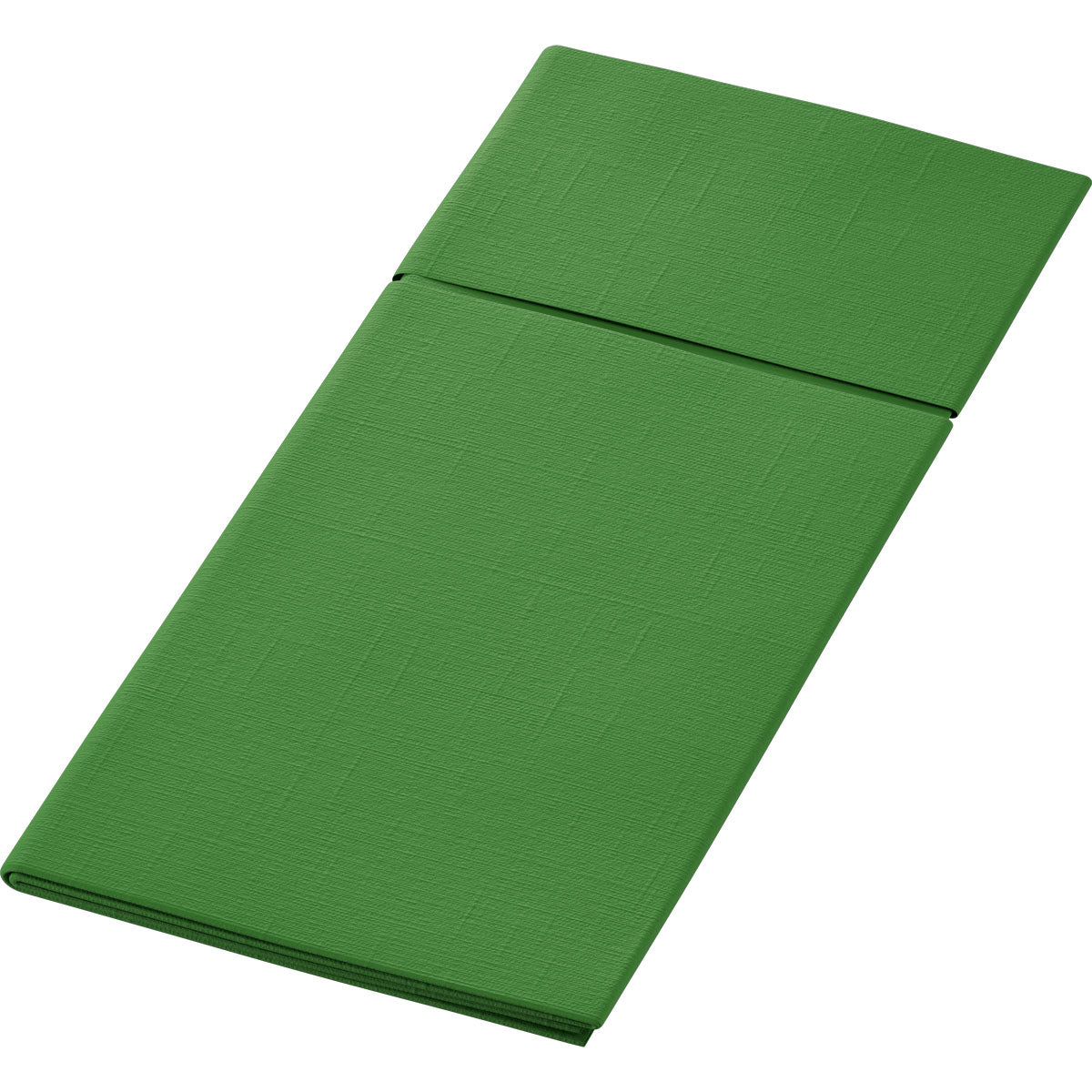 Duniletto 480 x 400 mm od Duni GmbH je zelená podložka s centrálnym prehybom, zobrazená na bielom pozadí - ideálna ako stolový doplnok alebo vrecko na príbor pre elegantne prestretý stôl.