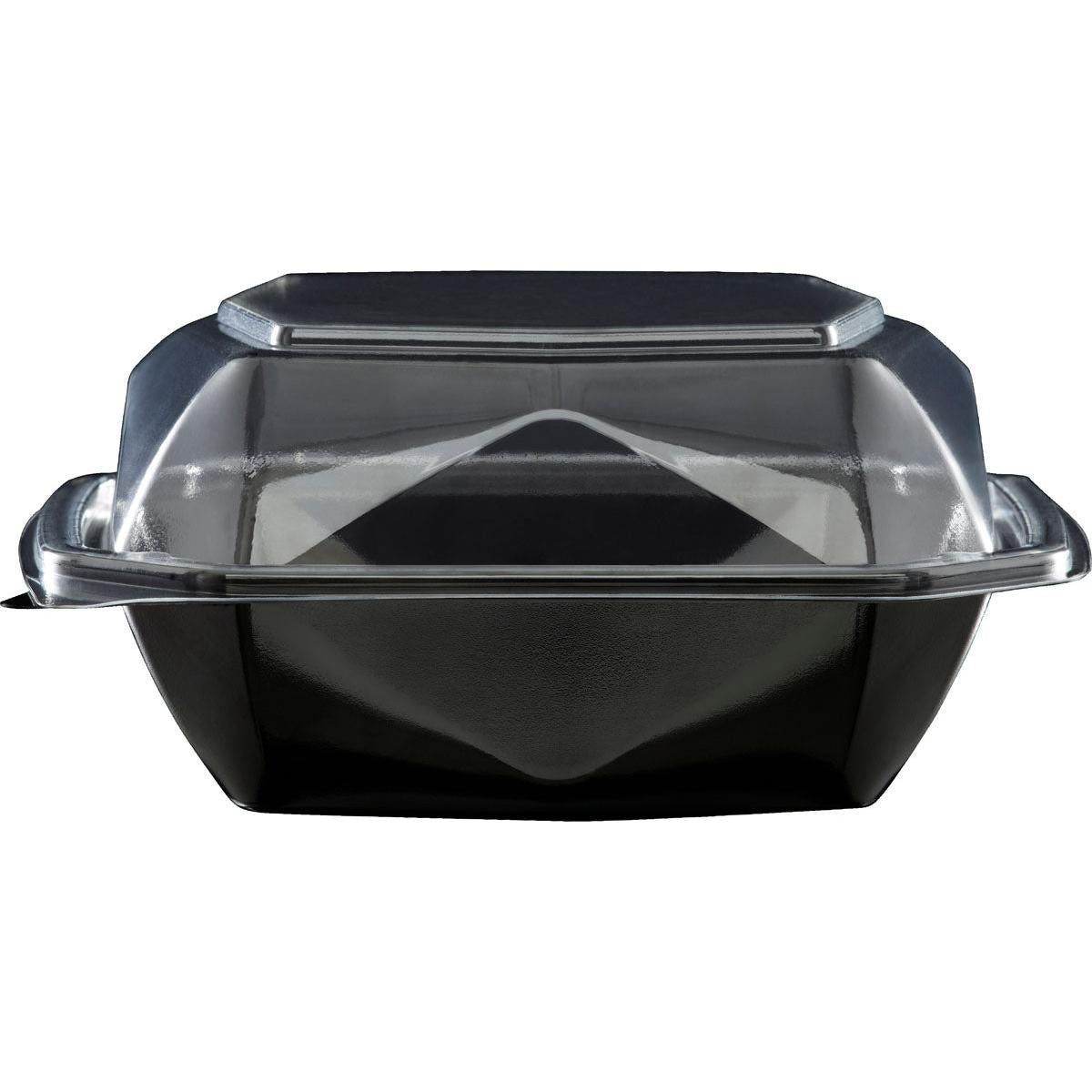 Der Octaview® S Lebensmittelbehälter der Duni GmbH (APET 150x150x70, Schwarz/Transparent) ist geschlossen und leer abgebildet, mit schwarzem Boden und klarem Scharnierdeckel für eine gute Sichtbarkeit des Inhalts. Packungsgröße: 400 Stück.