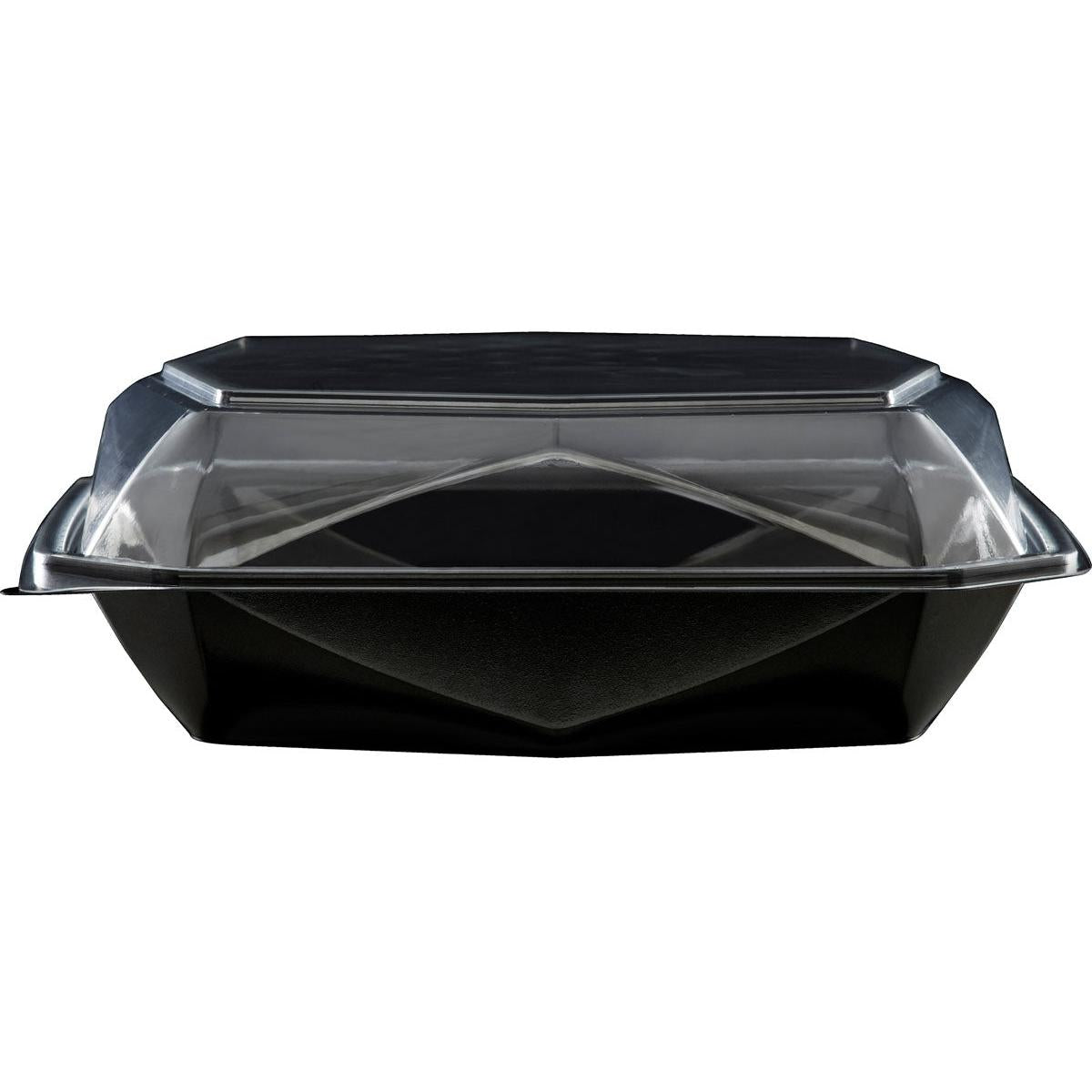 Kontejner na odber Octaview® L+ Schwarz/Transparent APET 225x225x80 od spoločnosti Duni GmbH s priehľadným vekom je zobrazený zatvorený a prázdny na bielom pozadí. Balenie obsahuje 100 kusov.