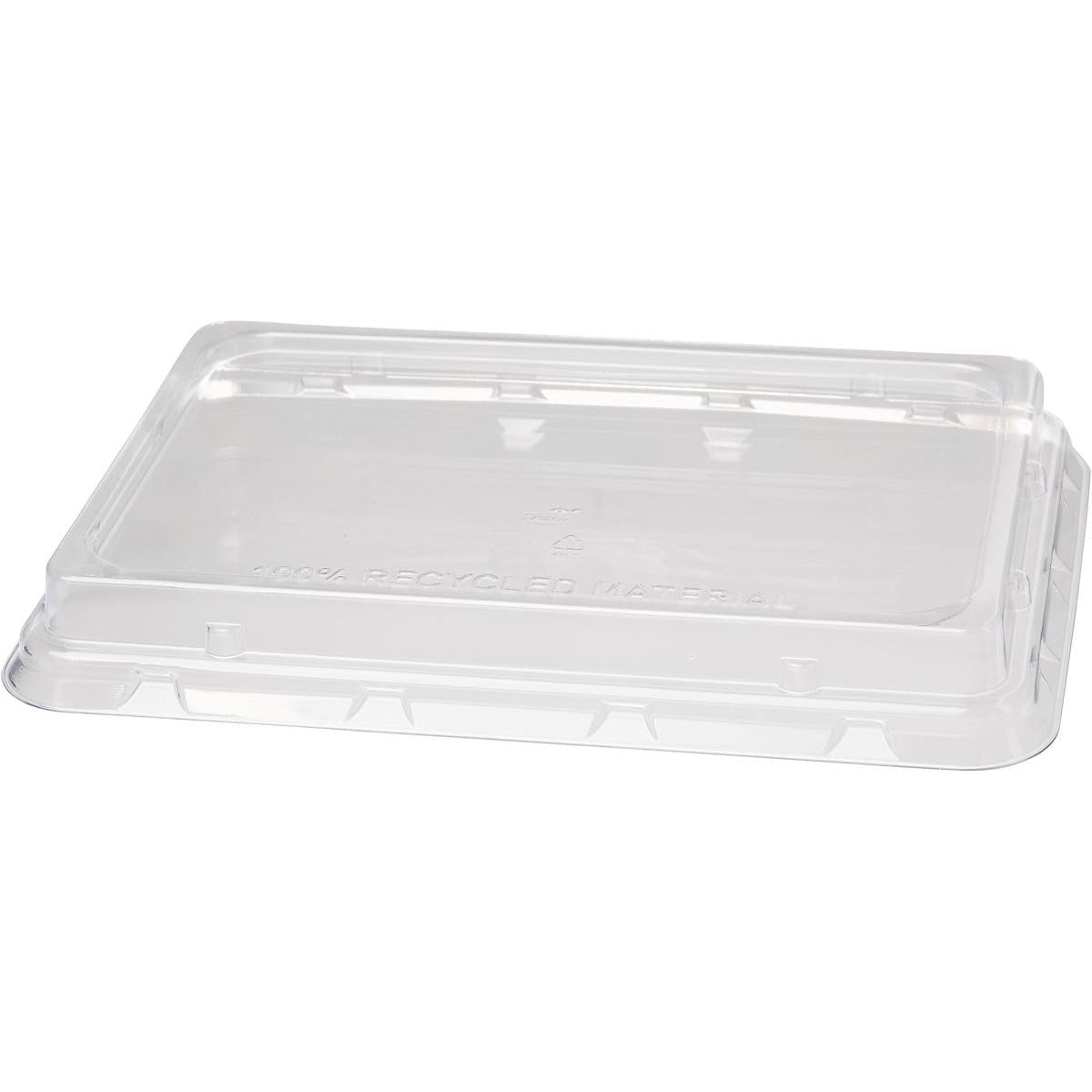 Priehľadné veko rPET 850/1200 ml od spoločnosti Duni GmbH (239x165x28 mm, balenie po 40 kusoch) leží na bielom pozadí a ukazuje svoj plochý povrch so zvýšenými okrajmi pre bezpečné uzavretie.