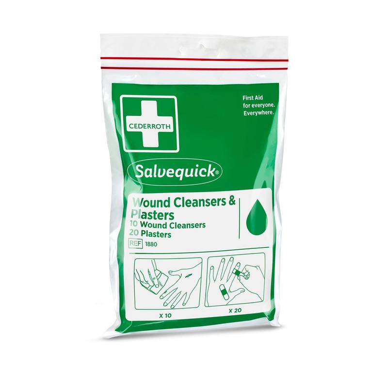 Balenie od Orkla Wound Care AB obsahuje 10 čističov rán Salvequick a 20 náplastí v opakovane uzatvárateľnom plastovom vrecku - ideálne na cesty. Pokyny na použitie na rukách a prstoch sú zobrazené.