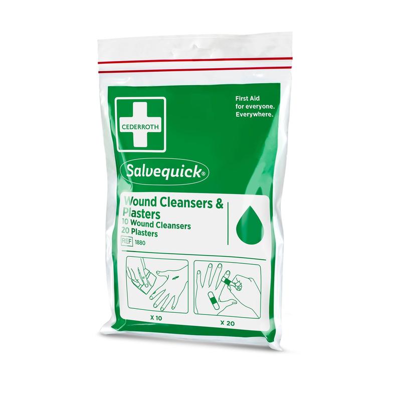 Zapečatená sada Orkla Wound Care AB s čističmi rán Salvequick (10 kusov) a náplasťami (20 kusov) v uzatvárateľnom vrecku - ideálne na cesty, s obrázkovými pokynmi na použitie na obale.
