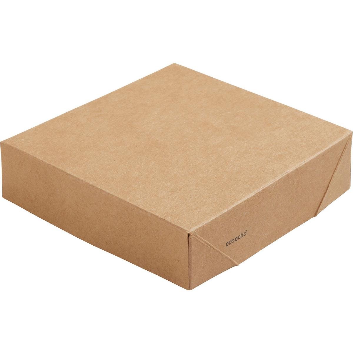 Jednoduchá, hnedá, obdĺžniková krabica Viking Cube s vekom od spoločnosti Duni GmbH (113x113x29 mm, 300 kusov) s jednoduchým skladacím vzorom a malým logom "ecoecho" stojí na bielom pozadí.
