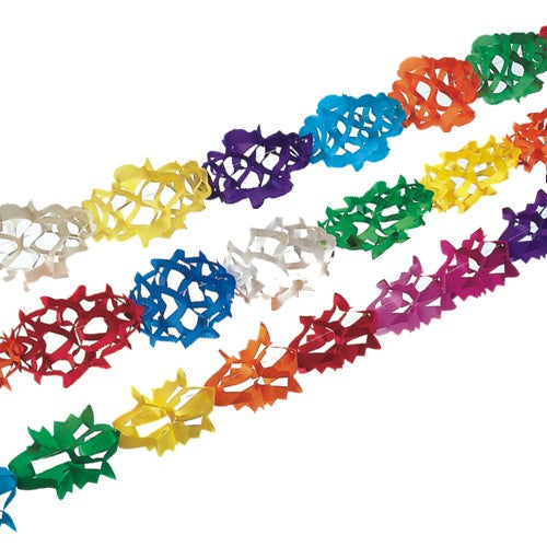 Štyri farebné PAPSTAR papierové girlandy (4 m, 3 kusy) od spoločnosti PAPSTAR GmbH sú v červených, žltých, zelených, modrých, fialových a bielych farbách - ideálna sviatočná dekorácia pre každú oslavu.