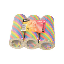 Tri rolky PAPSTAR 3 obrie serpentíny (15 m, nehorľavé) od PAPSTAR GmbH, v pestrofarebných šikmých pruhoch a plastovom obale s oranžovým štítkom – ideálne na párty dekorácie.