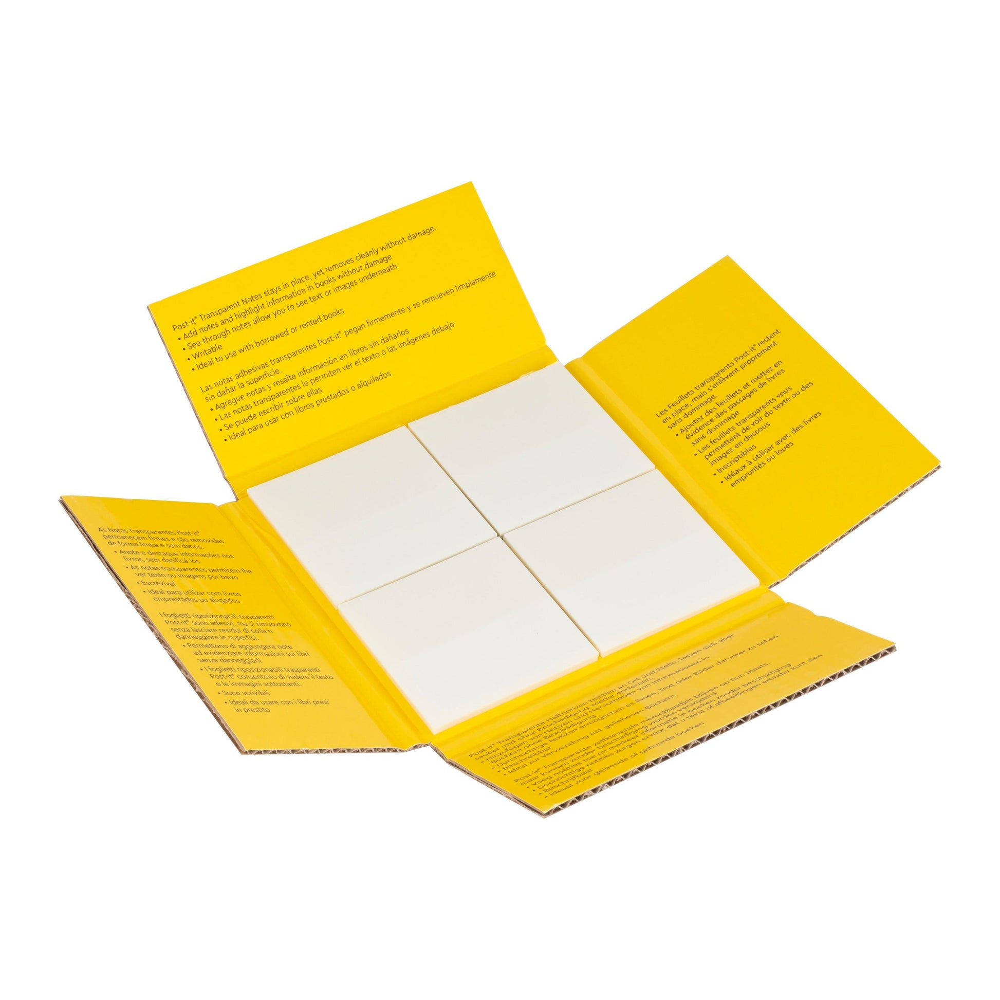 Eine aufgeschlagene gelbe, rechteckige Mappe der 3M Deutschland GmbH zeigt vier weiße Blöcke Post-it® Transparent Notes (73 mm x 73 mm, 36 Blatt/Block, 12 Blöcke/Packung) mit schwarzer Anleitung im Inneren. Der Hintergrund ist weiß.