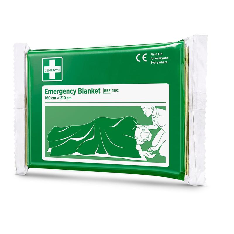 Zeleno-biele balenie Cederroth núdzovej deky (1 kus) od Orkla Wound Care AB, 160 x 210 cm, s ilustráciou osoby, ktorá prikrýva inú - nevyhnutnosť pre každú prvú pomoc.