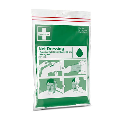 Balenie Cederroth sieťový obväz | Balenie (1 kus) od Orkla Wound Care AB so zeleno-bielym obalom zobrazuje ilustrovaný návod na použitie elastického sieťového obväzu na ruke a hlave.