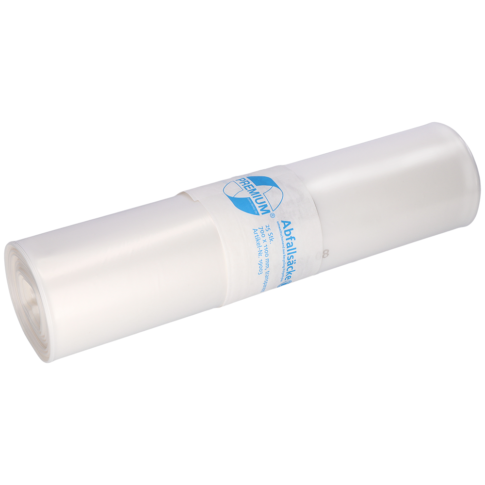 Abgebildet ist eine Rolle EMIL DEISS KG (GmbH + Co.) DEISS 19003 Müllsäcke (700x1100x0,06 mm, transparent, 25 Stück) mit einer etikettierten Umhüllung mit blauem Logo auf weißem Hintergrund.