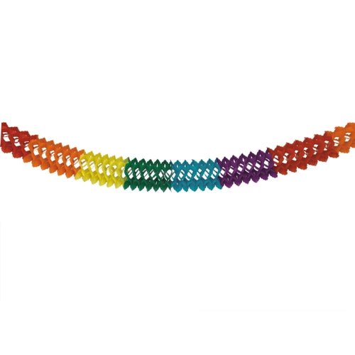 Girlanda PAPSTAR „Rainbow“ (papier, Ø 16 cm, 6 m dlhá) od PAPSTAR GmbH zobrazuje živý kosoštvorcový vzor v dúhových farbách - ideálna ako nápadná dekorácia pred jednoduchým bielym pozadím.
