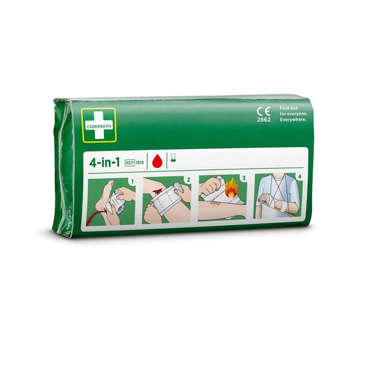 Eine grüne Cederroth 4-in-1 blutstopper Packung (1 Stück) von Orkla Wound Care AB, mit bebilderter Anleitung, die vier Anwendungsschritte zeigt: wickeln, festziehen, Druck ausüben und den Verband sichern.