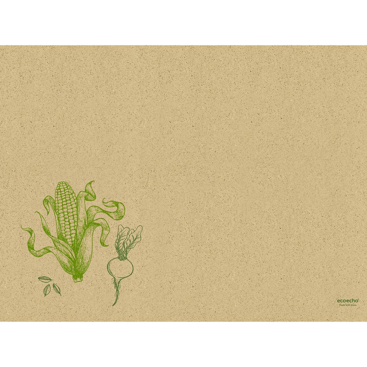Štruktúrovaná hnedá papierová podložka na stôl z trávového papiera 30 x 40 cm Veggies od Duni GmbH zobrazuje zelené veggie-skice a malé nápisy "Ecoecho" a "sustainable", ktoré zdôrazňujú tieto ekologické podložky. Balenie obsahuje 250 kusov.