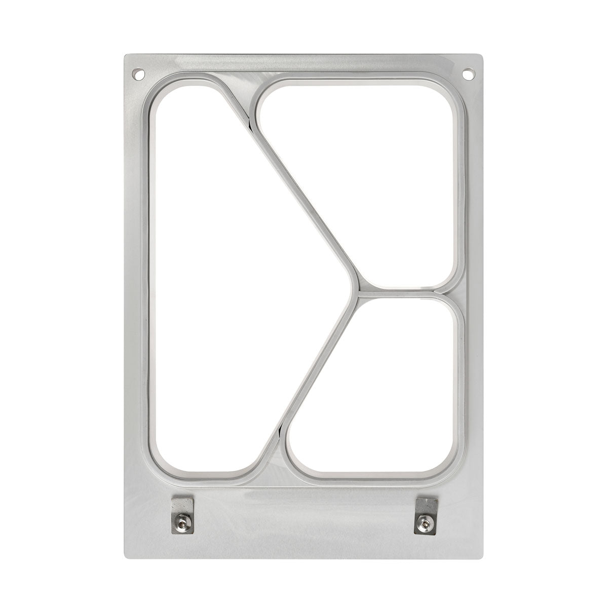 Kazeta DF10/20 3-comp od spoločnosti Duni GmbH je obdĺžnikový kovový rám so zaoblenými hranami a krížiacimi sa priečkami, navrhnutý pre Fibretray Caterline 500/250/190 ml, a má dve spodné skrutky a štyri rohové otvory pre jednoduchú montáž.