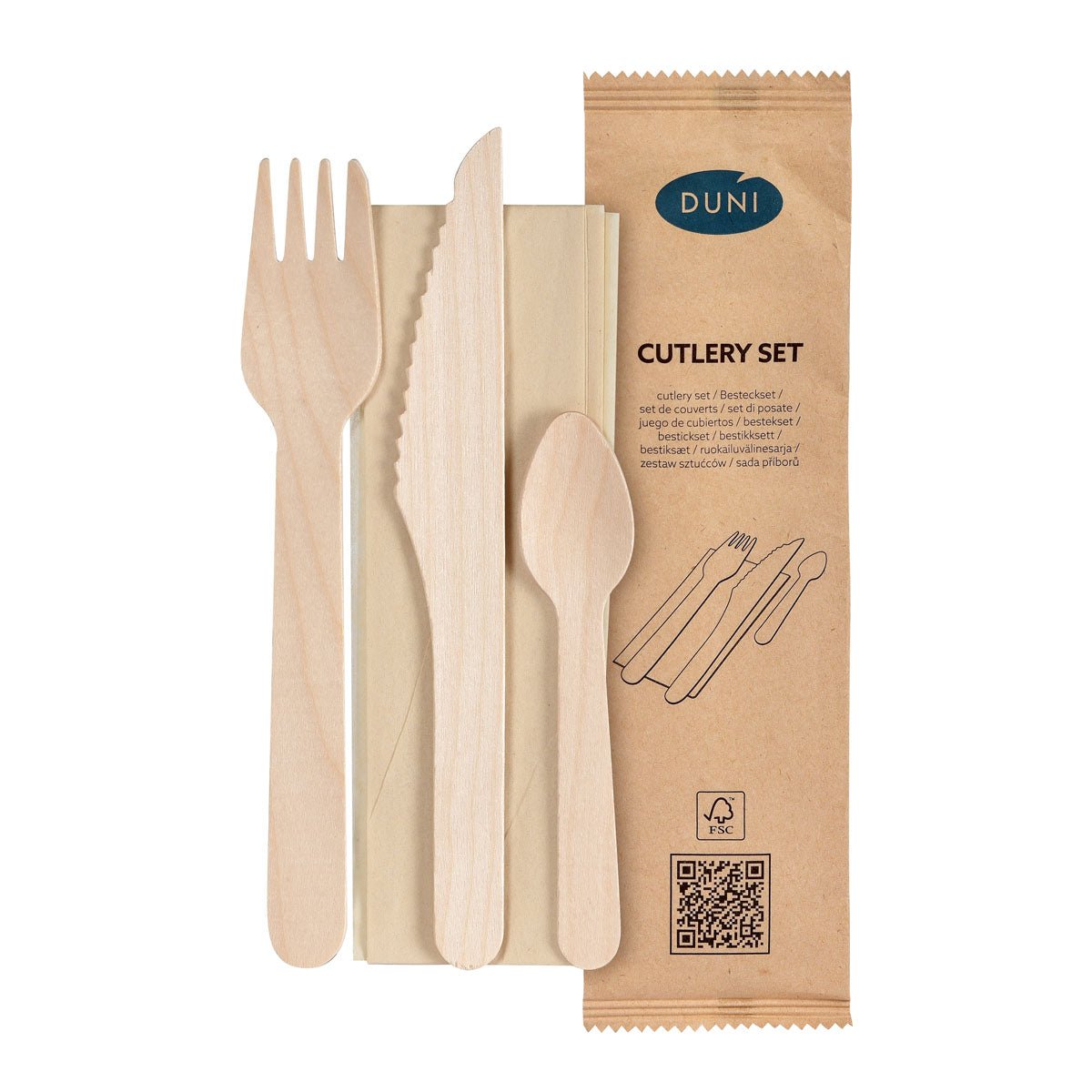 Súprava príborov 4/1 od spoločnosti Duni GmbH obsahuje prírodne voskovanú drevenú vidličku, nôž, kávovú lyžičku a hnedú servítku, spolu s hnedým obalom s nápisom "Duni Besteck Set", ilustráciami a QR kódom.