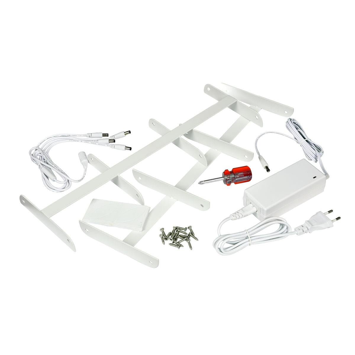 LED nabíjacia stanica Duni GmbH pre 4 sady - Mini lampa s efektívnym osvetlením (1 kus) vrátane držiaka, skrutiek, káblov, napájacieho zdroja a montážneho materiálu ukazuje úsporný dizajn na bielom pozadí.