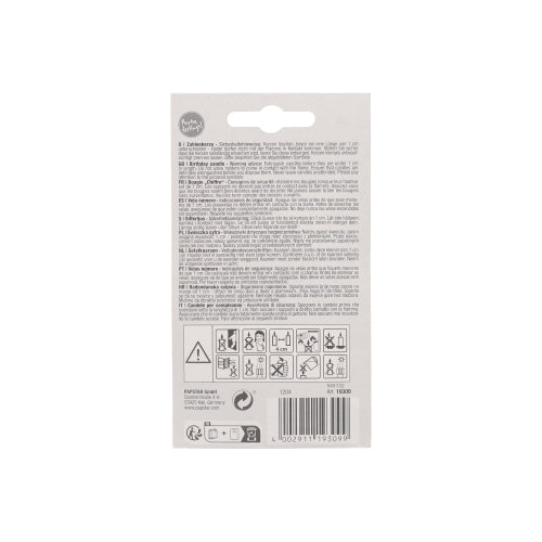 Zadná strana čísla sviečky PAPSTAR 7,3 cm biela s červeným okrajom od PAPSTAR GmbH. Viacjazyčný text, bezpečnostné symboly, recyklačné symboly, čiarový kód. Ideálne pre výročia a narodeniny. Obsahuje upozornenia na použitie a je hore vybavená otvorom na zavesenie.