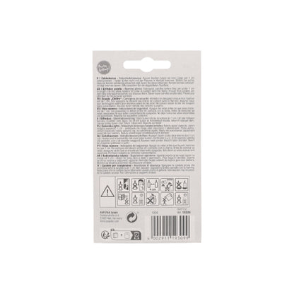 Zadná strana čísla sviečky PAPSTAR 7,3 cm biela s červeným okrajom od PAPSTAR GmbH. Viacjazyčný text, bezpečnostné symboly, recyklačné symboly, čiarový kód. Ideálne pre výročia a narodeniny. Obsahuje upozornenia na použitie a je hore vybavená otvorom na zavesenie.