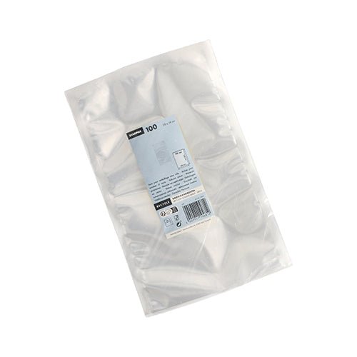 Priehľadný plastový obal so 100 Starpak zatavovacími vreckami (PA/PE, 40 x 30 cm, priehľadné) na potraviny, s bielo-modrou etiketou s údajmi a množstvom. Položka je fotografovaná na bielom pozadí.