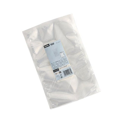 Priehľadný plastový obal so 100 Starpak zatavovacími vreckami (PA/PE, 40 x 30 cm, priehľadné) na potraviny, s bielo-modrou etiketou s údajmi a množstvom. Položka je fotografovaná na bielom pozadí.