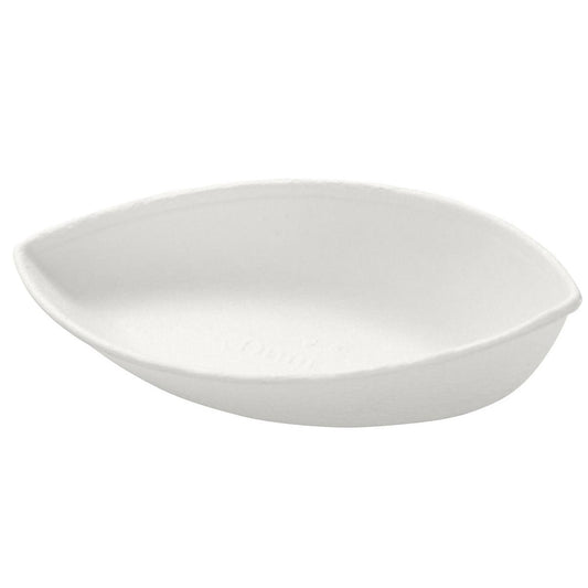 Der Folio 30 ml, Bagasse Weiß Bagasse 89x51x25 von Duni GmbH ist ein weißer, ovaler, biologisch abbaubarer Einwegbecher mit leicht erhöhten Rändern und glatter Oberfläche. Wird in Packungen zu 40 Stück geliefert.