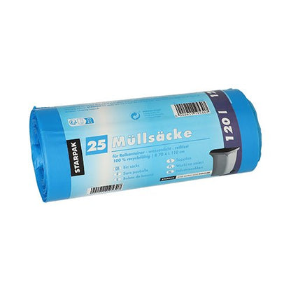 Starpak 25 odpadkových vriec, HDPE 120 l (110 x 70 cm); každé robustné modré vrece obsahuje informácie o recyklácii, rozmery a čiarový kód na obale pre jednoduché použitie.
