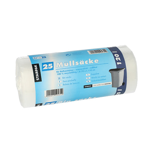 Eine Rolle mit 25 Starpak-Müllsäcken aus HDPE mit blau-weißem Etikett, 120 l Fassungsvermögen (110 x 70 cm), inklusive Recyclingdetails in deutscher Sprache.