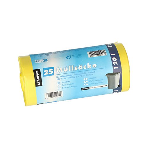 Rolka Starpak 25 odpadkových vriec, HDPE 120 l (110 cm x 70 cm), pozostáva zo žltého vreca, modrej etikety s „25 odpadkových vriec“, produktových detailov a malého obrázku odpadkového koša.