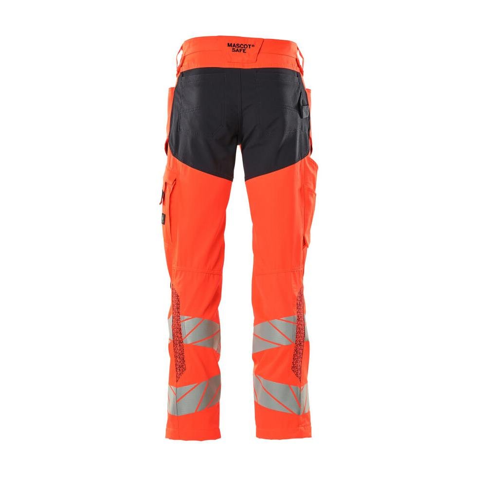 Nohavice s vreckami na kolenách, nohavice so strečovými vložkami, hi-vis červená/čierno-modrá
