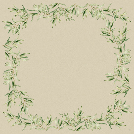 Quadratischer Blumenrahmen mit grünen Aquarellblättern auf beigefarbenem, strukturiertem Hintergrund, perfekt für die Präsentation von Duni GmbH Dunisilk-Mitteldecken 84 x 84 cm Foliage (20er Pack), mit einer leeren Mitte für Ihren Text oder Ihre Bilder.